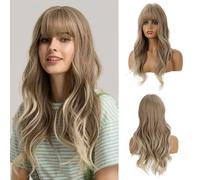 OUFEI 24 Inches Perruque Longue Ondulée Blonde Cendrée avec Franges Perruques en Cheveux Synthétiques Naturels Résistants à La Chaleur pour Les Femmes à Porter Au Quotidien