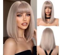 OUFEI Blond Cendré Bob Perruque avec Frange Courte Perruque Droite pour Les Femmes Perruques de Cheveux Synthétiques Cosplay Utilisation Quotidienne De La Fête