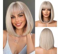 OUFEI Blond platine Bob Perruque avec Frange Courte Perruque Droite pour Les Femmes Perruques de Cheveux Synthétiques Cosplay Utilisation Quotidienne De La Fête