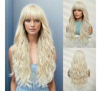 OUFEI Longue Perruque Blonde Platine avec Franges Perruques Ondulées Naturelles pour Femmes Perruques en Cheveux Synthétiques Résistants à La Chaleur pour Les Fêtes Quotidiennes Cosplay Wear