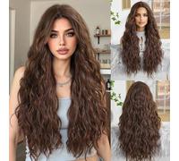 OUFEI Longue Perruque Brune avec Frange Perruques Ondulées pour Femmes Noires Cheveux Synthétiques Naturels Perruques Résistantes à La Chaleur pour Une Fête Quotidienne