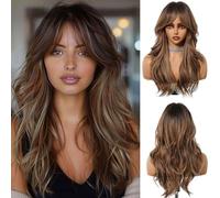 OUFEI Longue Perruque mixte Brune avec Franges Perruques Ondulées Naturelles pour Femmes Cheveux Synthétiques Naturels Perruques Résistantes à La Chaleur pour La Fête Quotidienne Cosplay Wear