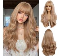 OUFEI Longue Perruque Ondulée Blond Fraise avec Frange pour Les Femmes Cheveux Synthétiques Naturels Résistant à la Chaleur Perruques pour le Parti Quotidien Cosplay Porter