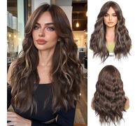 OUFEI Longue Perruque Points Forts Bruns Ondulée avec Frange Cheveux Naturels Synthétiques Perruques Résistantes à La Chaleur pour Les Femmes Cosplay Utilisation Quotidienne De La Fête