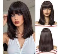 OUFEI Perruque Bob marron foncé avec franges Perruque courte et droite pour femmes Perruques en cheveux synthétiques pour fêtes quotidiennes Cosplay Wear