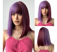 OUFEI Perruque Bob Mi-violette Mi-rouge avec Franges Perruque Courte Et Droite pour Femmes Perruques En Cheveux Synthétiques pour La Fête Et Le Jeu De Rôle