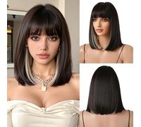 OUFEI Perruque Bob Noir Points Forts Internes Perruque Courte et Droite pour Femmes Perruques en Cheveux Synthétiques Cosplay Utilisation Quotidienne pour La Fête