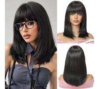 OUFEI Perruque Bob Noire avec Franges Perruque Courte et Droite pour Femmes Perruques en Cheveux Synthétiques pour La Fête Et Le Cosplay
