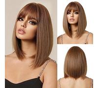 OUFEI Perruque Brune Bob avec Frange Courte Perruque Droite pour Les Femmes Perruques de Cheveux Synthétiques Cosplay Utilisation Quotidienne de La Fête