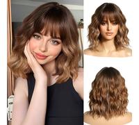 OUFEI Perruque Brune Ombre pour Femme Courte Perruque Ondulée avec Frange Cheveux Naturels Synthétiques Perruques Résistantes à La Chaleur pour Le Port Quotidien de la Fête Cosplay
