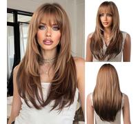 OUFEI Perruque Brune Ombrée Blonde Foncée avec Franges Perruques Longues Et Droites pour Femmes Perruques Dégradées Cheveux Synthétiques Perruques pour La Fête Et Le Jeu De Rôle