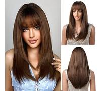 OUFEI Perruque Brune pour Femmes Perruque Longue avec Frange Perruques Droites Cheveux Synthétiques Perruques Résistantes à La Chaleur pour Le Parti Quotidien Cosplay Porter