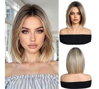 OUFEI Perruque Femme Blonde Ombrée Synth. 14"Courte Bob Raide Quotidienne