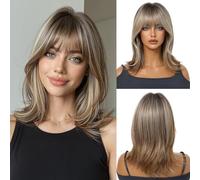 OUFEI Perruque Femme Marron Clair Synth. 14" Bob Courte Raide Légère Fête