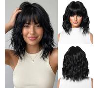 OUFEI Perruque Femme Noir 14" Courte Ondulée à Frange Bob Fête Quotidienne