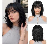 OUFEI Perruque Femme Noire Synth. Courte Lisse Dégradée Légère Quotidienne
