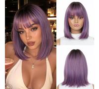 OUFEI Perruque Femme Raide Violette Naturelle Synth. 14"Courte Quotidienne
