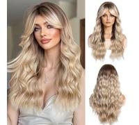 OUFEI Perruque Longue Ondulée Blonde Ombrée pour Femmes avec Frange Rideau Cheveux Synthétiques Perruques Résistantes à La Chaleur pour Une Utilisation Quotidienne pour Les Fêtes Ou Le Cosplay