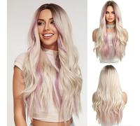 OUFEI Perruque Ombre Blondes à Reflets Roses pour Femmes Perruque Longue et Bou Cheveux Synthétiques Perruque Résistante à La Chaleur pour La Fête Quotidienne Cosplay Wear