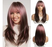 OUFEI Perruque Ombrée Rose et Brune avec Franges Perruques Longues et Droites pour Femmes Perruques Dégradées Cheveux Synthétiques Perruques Résistantes à La Chaleur pour La Fête et Le Jeu Fe Rôle