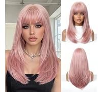 OUFEI Perruque rose pour femme - Grand cuir chevelu - Mi-longue et longue, droite - Avec frange - Cheveux synthétiques résistants à la chaleur - Pour tous les jours, fêtes, cosplay, port quotidien