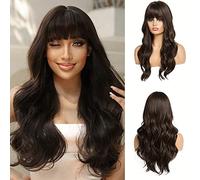 OUFEI Perruques 24" Brunes avec Franges Perruques Longues Ondulées En Fibres Synthétiques Résistantes à La Chaleur pour Les Femmes Utilisation Quotidienne pour Les Fêtes