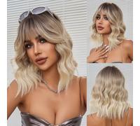 OUFEI Perruques blond ombré pour Femmes Perruque Courte Ondulée avec Franges Cheveux Synthétiques Naturels Perruques Résistantes à la Chaleur pour Le Port Quotidien Lors De Soirées Cosplay