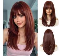 OUFEI Perruques Brun Roux pour Femmes Perruque Droite Mi-longue avec Frange pour Cuir Chevelu Large Cheveux Synthétiques pour Une Utilisation Quotidienne Fêtes Et Cosplay