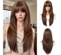OUFEI Perruques Brunes pour Femmes Perruque Longue avec Frange Naturelles Droites Cheveux Synthétiques Perruques Résistantes à La Chaleur pour Une Utilisation Quotidienne pour Les Fêtes Et Le Cosplay