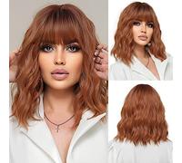 OUFEI Perruques courtes ondulées Auburn Bob avec frange Longueur épaule Perruque synthétique bouclée ondulée Cosplay Perruques pour femme - 35,6 cm