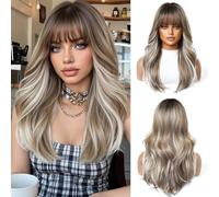 OUFEI Perruques longues ondulées blondes pour femme avec frange, cheveux synthétiques naturels, résistantes à la chaleur, pour un usage quotidien, une fête et un cosplay