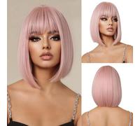 OUFEI Rose Clair Bob Perruque avec Frange Courte Perruque Droite pour Les Femmes Perruques de Cheveux Synthétiques Cosplay Utilisation Quotidienne De La Fête