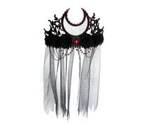 OUFEIJIA EUR Coiffe de couronne en maille noire d'halloween, diadème gothique avec perles strass voile, accessoire Costume roi vampire sorcière démon