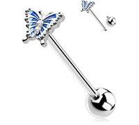 OUFER 14G 1PC Piercing Langue 316L Acier Chirurgical Internally Threaded Langue Barre Boule 16mm Papillon Bleu Barbell Langue métal Bijoux