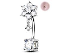 OUFER 14G Or Piercing Nombril Inversé Acier Chirurgical 316L Dangle Fleur Nombril Anneau Marquise CZ Clair 12 mm Piercing Bananabells Argent Long Corps Barbell Bijoux pour Femme
