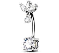 OUFER 14G Or Piercing Nombril Inversé Acier Chirurgical 316L Dangle Fleur Nombril Anneau Marquise CZ Clair 12 mm Piercing Bananabells Argent Long Corps Barbell Bijoux pour Femme