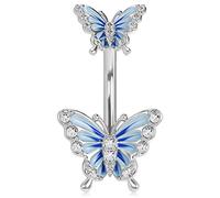 OUFER 14G Piercing au Nombril Acier Chirurgical Papillon Bleu Argent Anneau de Nombril Barbell CZ Bijoux Inversé Butterfly Reverse Belly Button Ring Navle Bar 10mm Jewelry Femme Homme