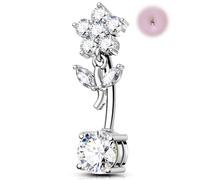 OUFER 14G Piercing Nombril Inversé Acier Chirurgical 316L Dangle Fleur Nombril Anneau CZ Clair 12 mm Piercing Bananabells Argent Long Corps Barbell Bijoux pour Femme