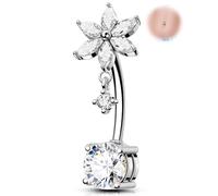 OUFER 14G Piercing Nombril Inversé Acier Chirurgical 316L Dangle Fleur Nombril Anneau Marquise CZ Clair 12 mm Piercing Bananabells Argent Long Barbell Bijoux pour Femme