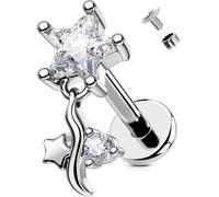OUFER 16G Star Dangly Helix Earrng Piercing Jewellery 316L Stainless Steel Forward Conch Tragus Stud Clear CZ Clear 6mm Internal-Threaded Cartilage Earrings Labret Lip Stud for Women