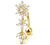 OUFER 18K Or Plaqué Piercing Nombril Cascade Fleurs 14G 10mm Percing au Nombril Inversé 316L Acier Chirurgical 5A CZ Transparent Piercing de Ventre pour Femmes