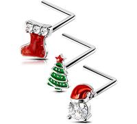 OUFER 3pcs 20G Piercing Nez Anneaux Noël Christmas L Forme Nose Ring Studs Acier Chirurgical Argent CZ Cartilage Helix Tragus Bijou Homme Femme Gift