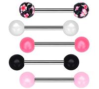 OUFER 5pcs Piercing Langue 14G avec Boule en Acier Inoxydable 316L et Acrylique Couleur de Bonbons Floral Motif Piercing Barball Femme Homme Ensemble 16mm