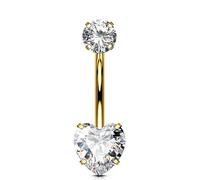 OUFER Body Piercing 10/12/14/16mm Gold Titanium Belly Bars 14G Short Extra Long Navel Piercings Double Heart Clear CZ Belly Button Bars Belly Piercings 1.6mm Navel Piercing Jewellery