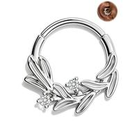 OUFER Body Piercing 16G 8/10mm Hinged Segment Ring Septum Cartilage Earring | Non Nickel Lead Hypoallergenic 316L Surgical Steel Clicker Ring with Leaf CZ for Septum Helix Daith Tragus Piercing Jewelry