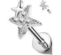 OUFER Body Piercing 18G Acier Inoxydable 316L Étoile Cartilage Bouchon d'Oreille à Filet Intérieur Bouchon de Tragus avec CZ 6mm Bouchon de Nez pour Perçage Helix Conch Lèvre