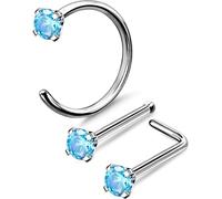 OUFER Body Piercing 3PCS Titanium Nose Piercing Jewellry 20G Nose Stud Ring Hoop Sets L Shape Nose L Bend Bar Nose Hoop Aqua CZ Nose Bone Pin Piercing
