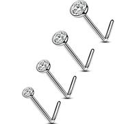 OUFER Body Piercing 4pcs Solid Titanium Nose Piercing 20G Nose Stud Bone Pin Nostril Rings L- Bend Nose Body Piercings Jewellery for Women Men