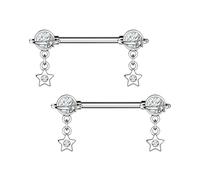 OUFER Body Piercing de Corps Barres de Mamelons : 2 pièces, 14G, Acier Inoxydable 316L, Vis Extérieure, Anneaux de Piercing de Mamelons Balançants pour Femmes, Cristal Clair CZ 1,6MM