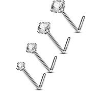 OUFER Body Piercing Solid Titanium Nose Piercing 20G Nose Stud Bone Pin 4pcs Nostril Rings L- Bend Nose Body Piercings Jewellery for Women Men